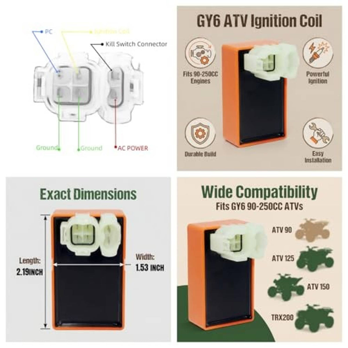 Orange ignition coil CDI box with white connector and compact mounting power module