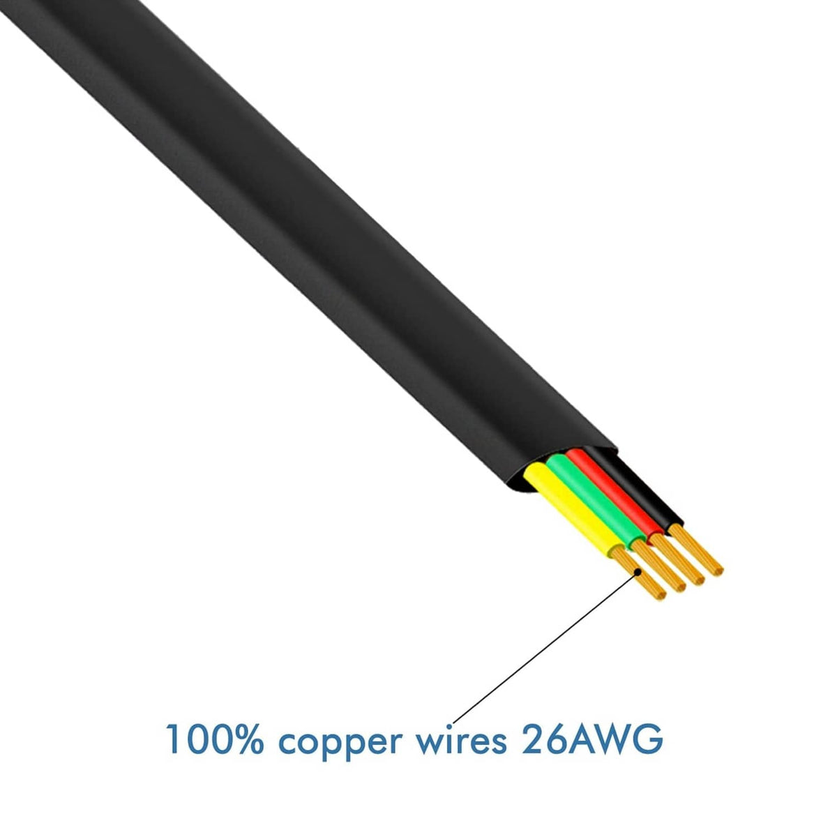 Black telephone handset cable with exposed 26AWG copper wires at the cut end