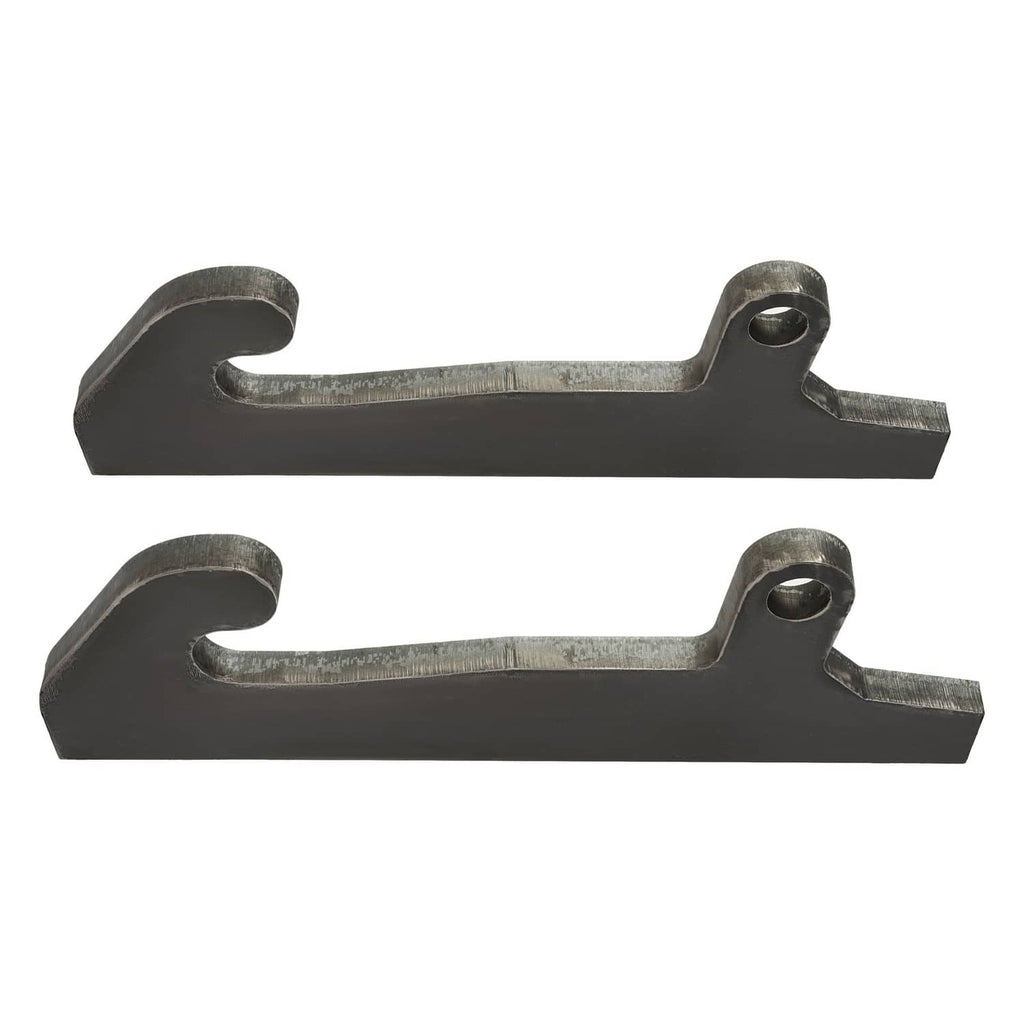 Loader bracket ear mounts, two long black brackets with top cutouts and bolt holes.