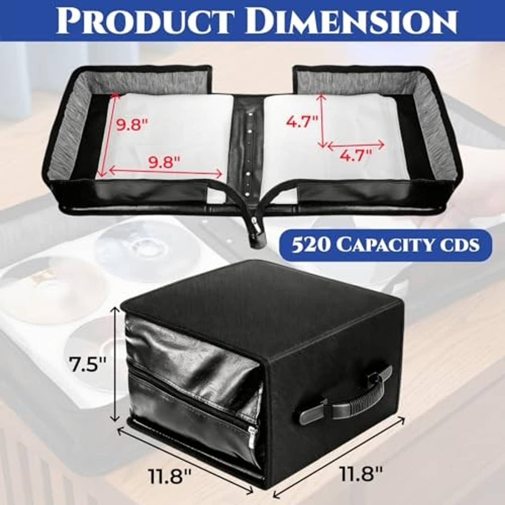 Black zipper CD/DVD binder open to show multiple disc sleeves and central hinge