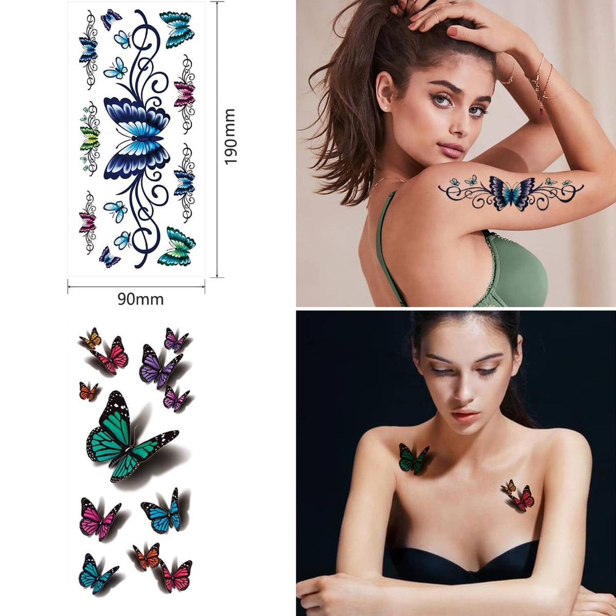Temporary tattoo sheet featuring blue floral swirls and small butterfly decals; tattoos on skin