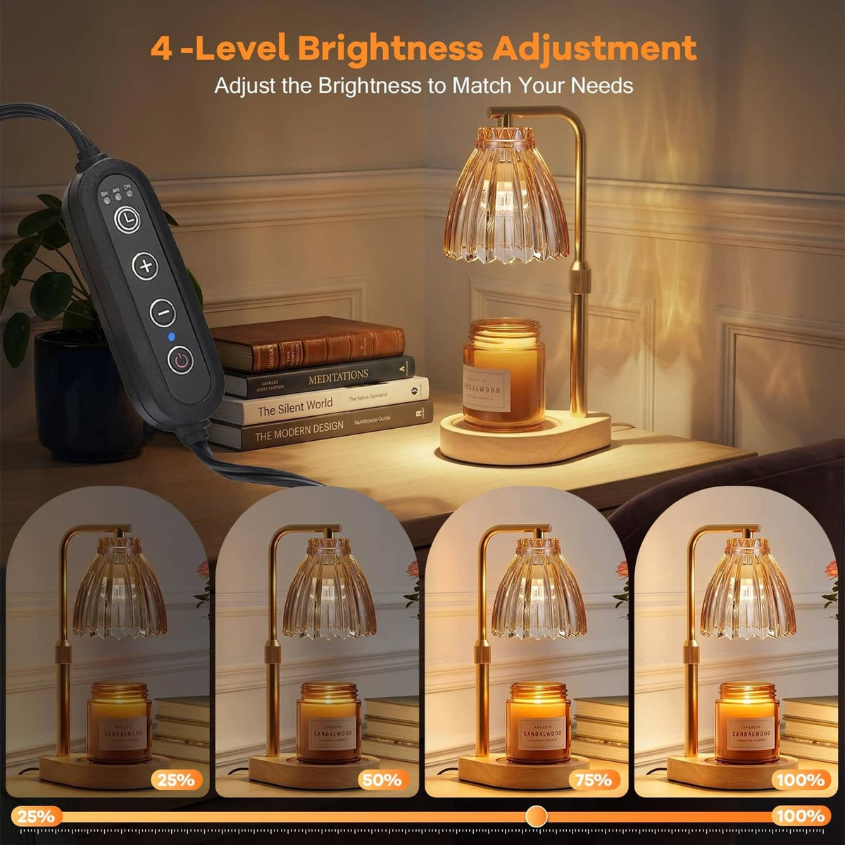 Amber glass candle warmer lamp with remote control and lit jar candle on wooden base