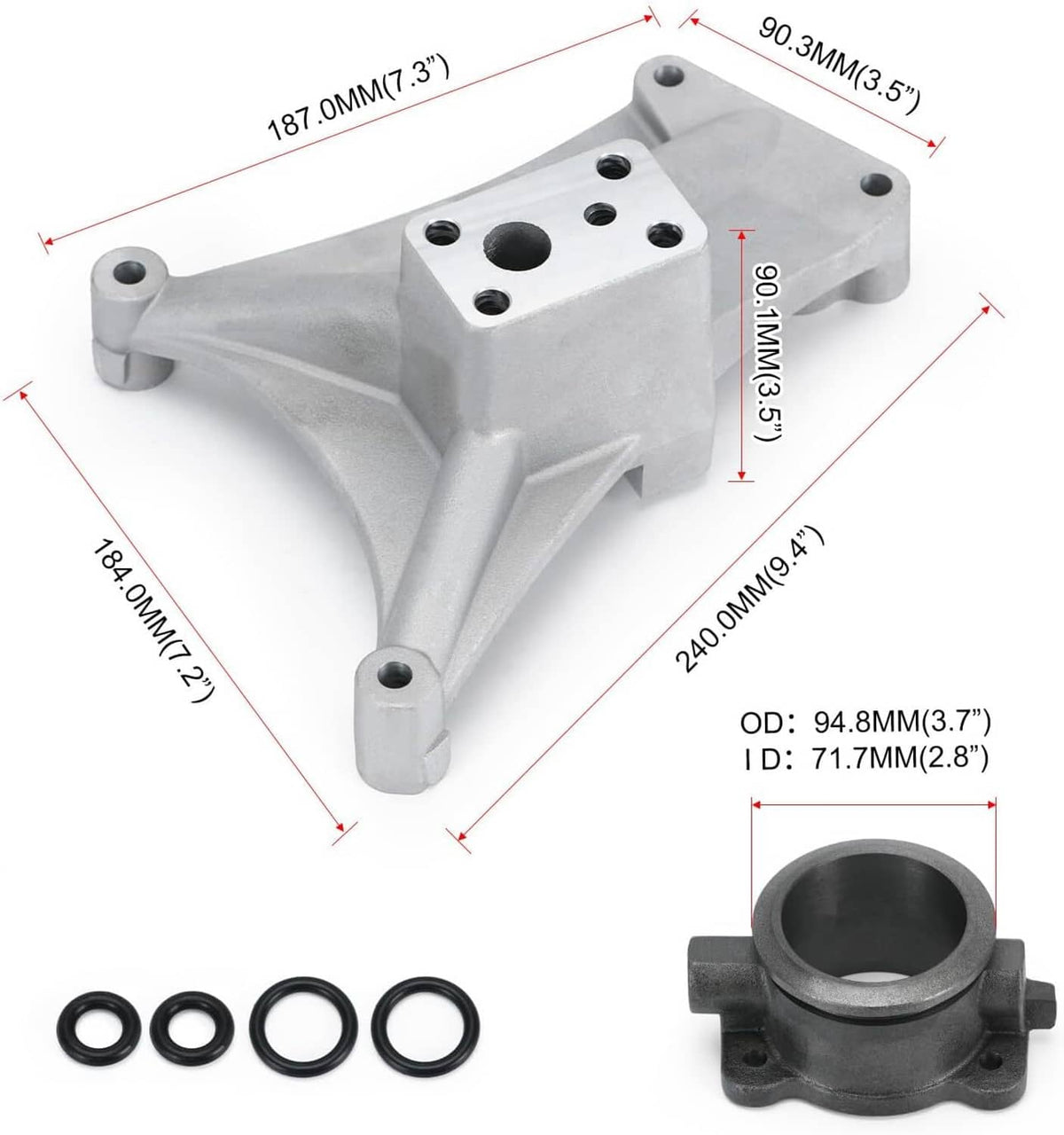Turbo pedestal housing assembly with size diagram and included O-rings