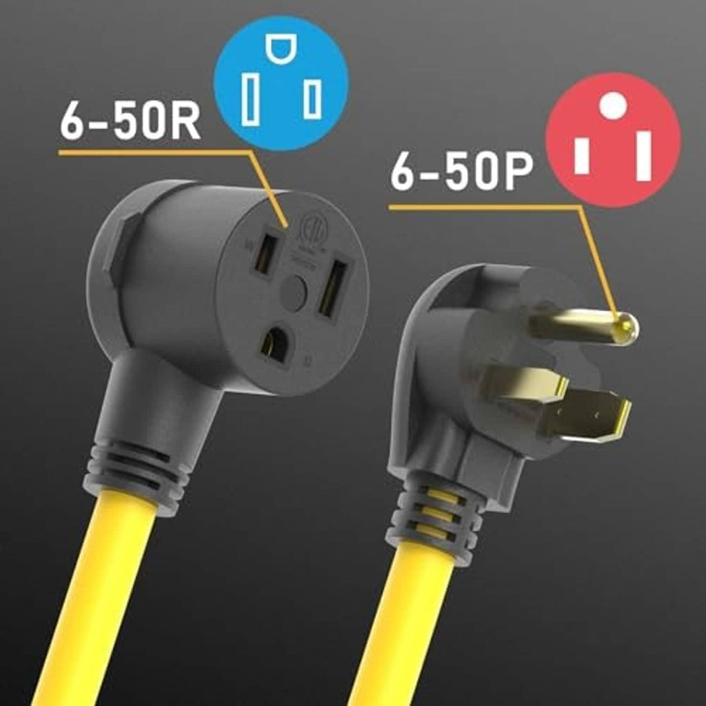 Yellow 10 AWG welding extension cord showing NEMA 6-50R and 6-50P connectors