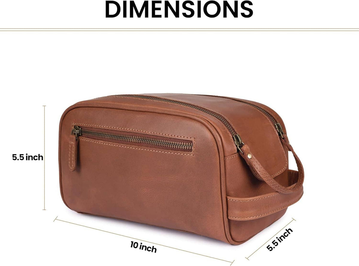 Brown leather toiletry travel bag with zip top and crossbody strap