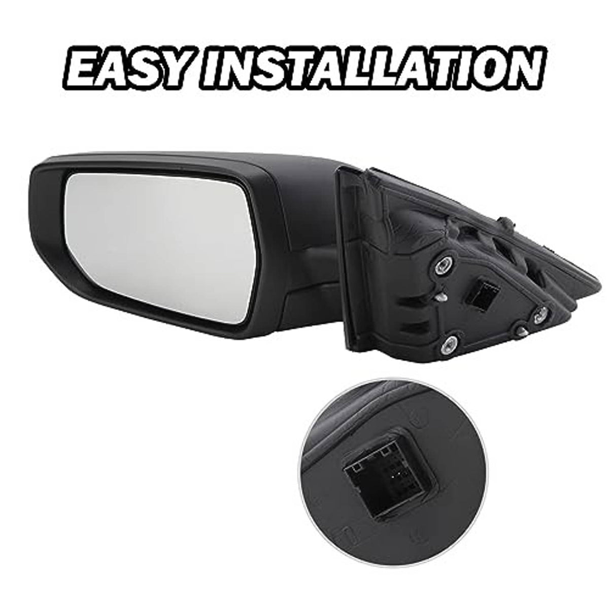 Black left side rearview mirror with back connector port detail and textured casing