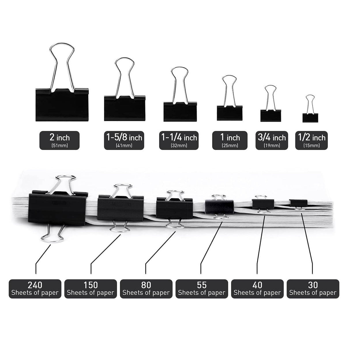 Assorted black binder clip sizes (2 in to 1/2 in) lined up for comparison