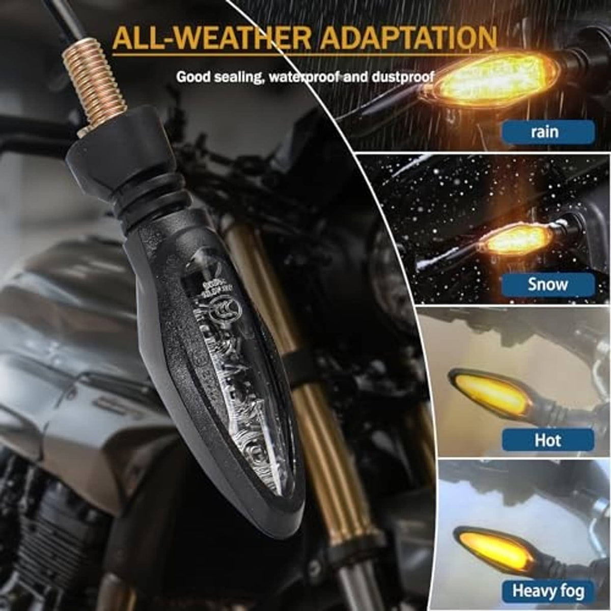 All-weather LED motorcycle turn signal with amber lens, clear housing, and black body