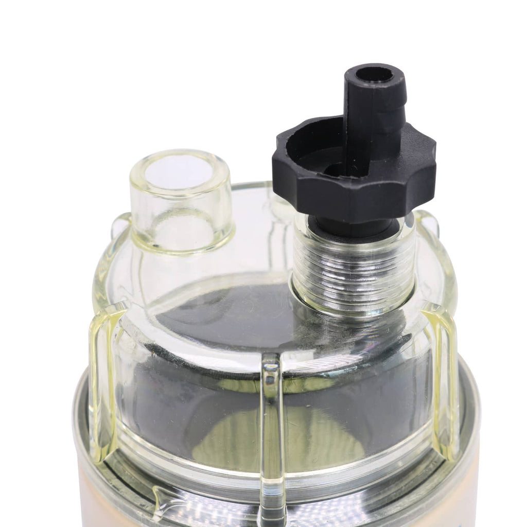 Fuel filter water separator with metal top cap, black connector, and clear dome bowl