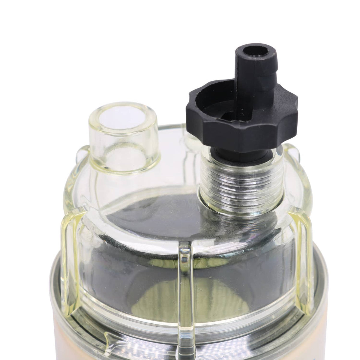 Fuel filter water separator with metal top cap, black connector, and clear dome bowl