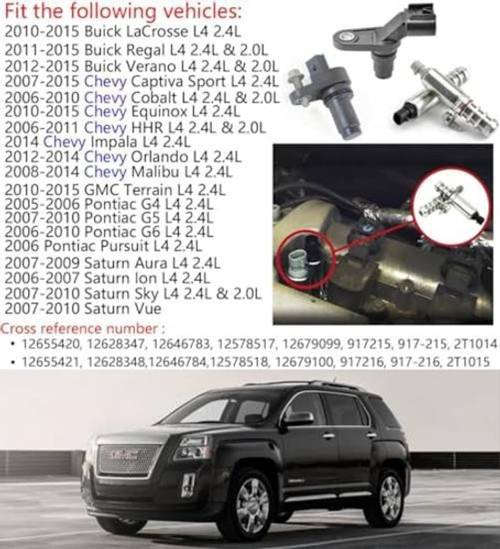Camshaft position actuator and sensor installation compatibility chart and vehicle view