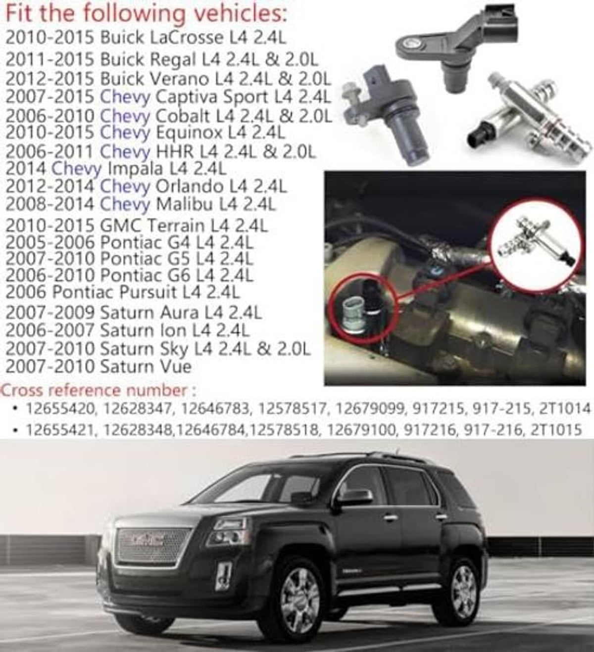 Camshaft position actuator and sensor installation compatibility chart and vehicle view