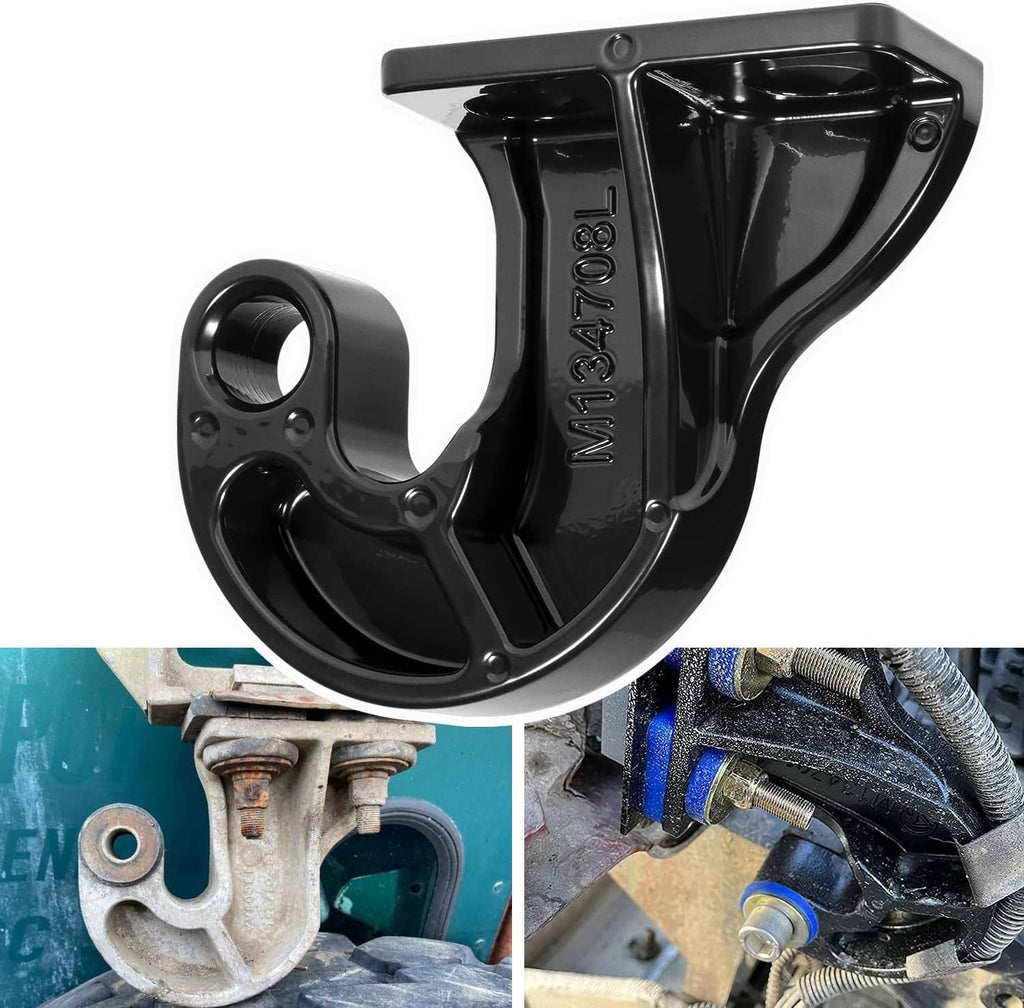Left lower hood pivot bracket, glossy black metal with mounting holes and pivot arm