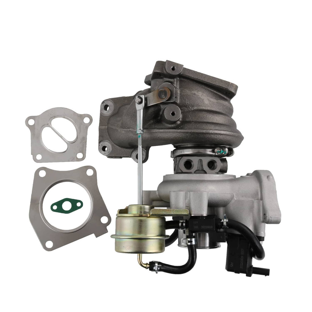 Turbocharger assembly with black engine-side housing, hoses, and included gaskets