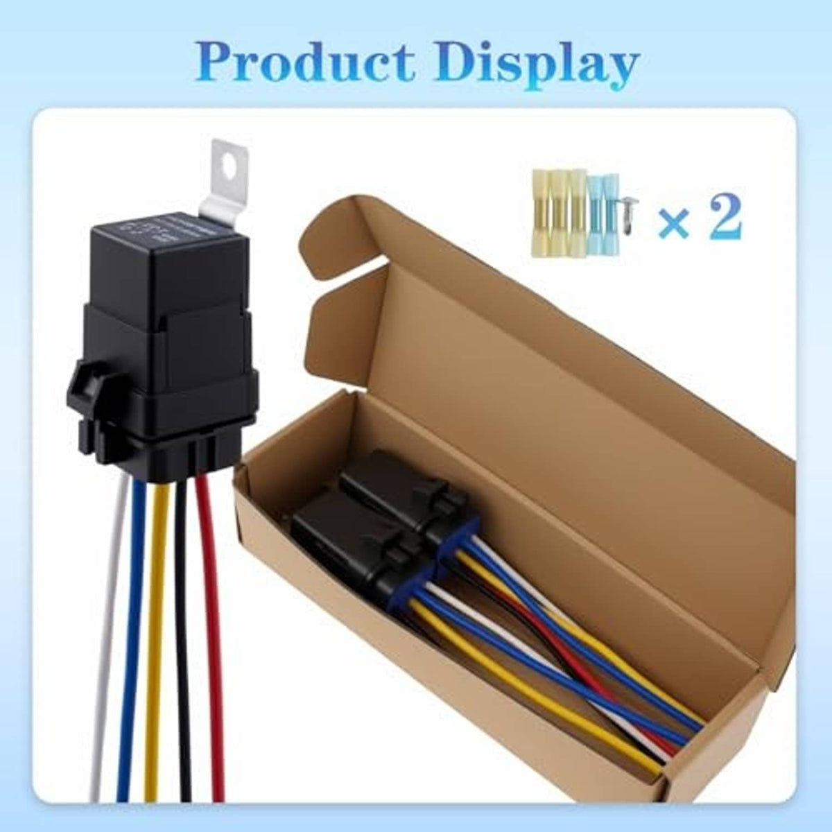 Relay socket with black housing, colored wire leads, and included wire terminals