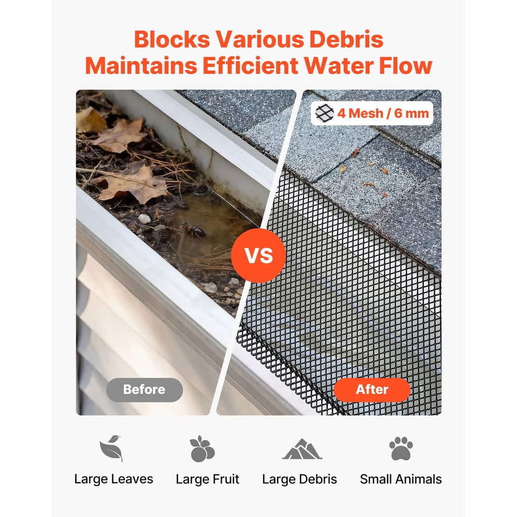 Black gutter guard mesh over a gutter edge, fine square grid