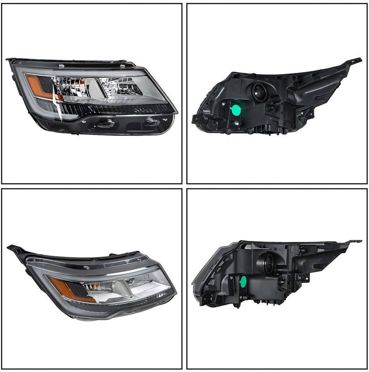 Driver left headlight front and back views with amber turn signal and mounting tabs