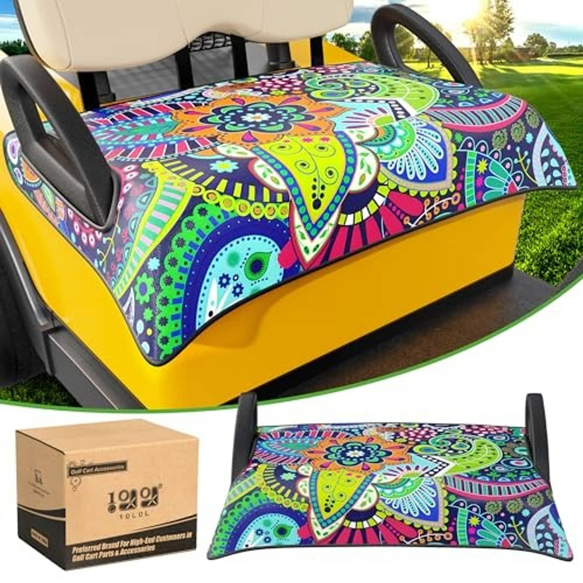 Mandala-pattern seat cover blanket for golf cart seats with black edge trim.