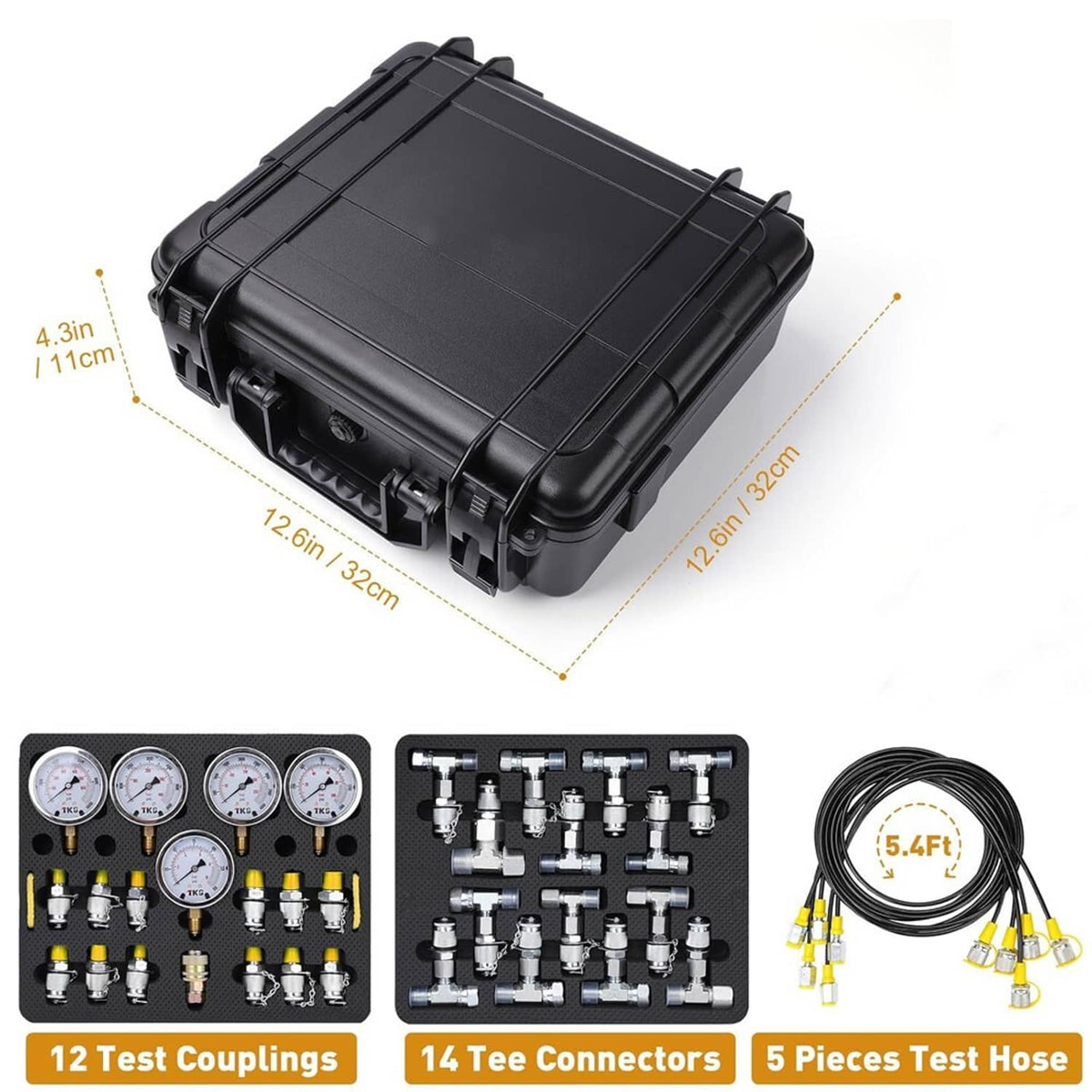Hydraulic pressure test kit carrying case, closed and compact, with molded handle