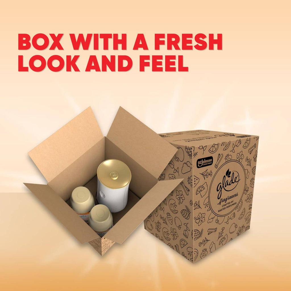 Open cardboard box with Glade automatic holder and several refill canisters