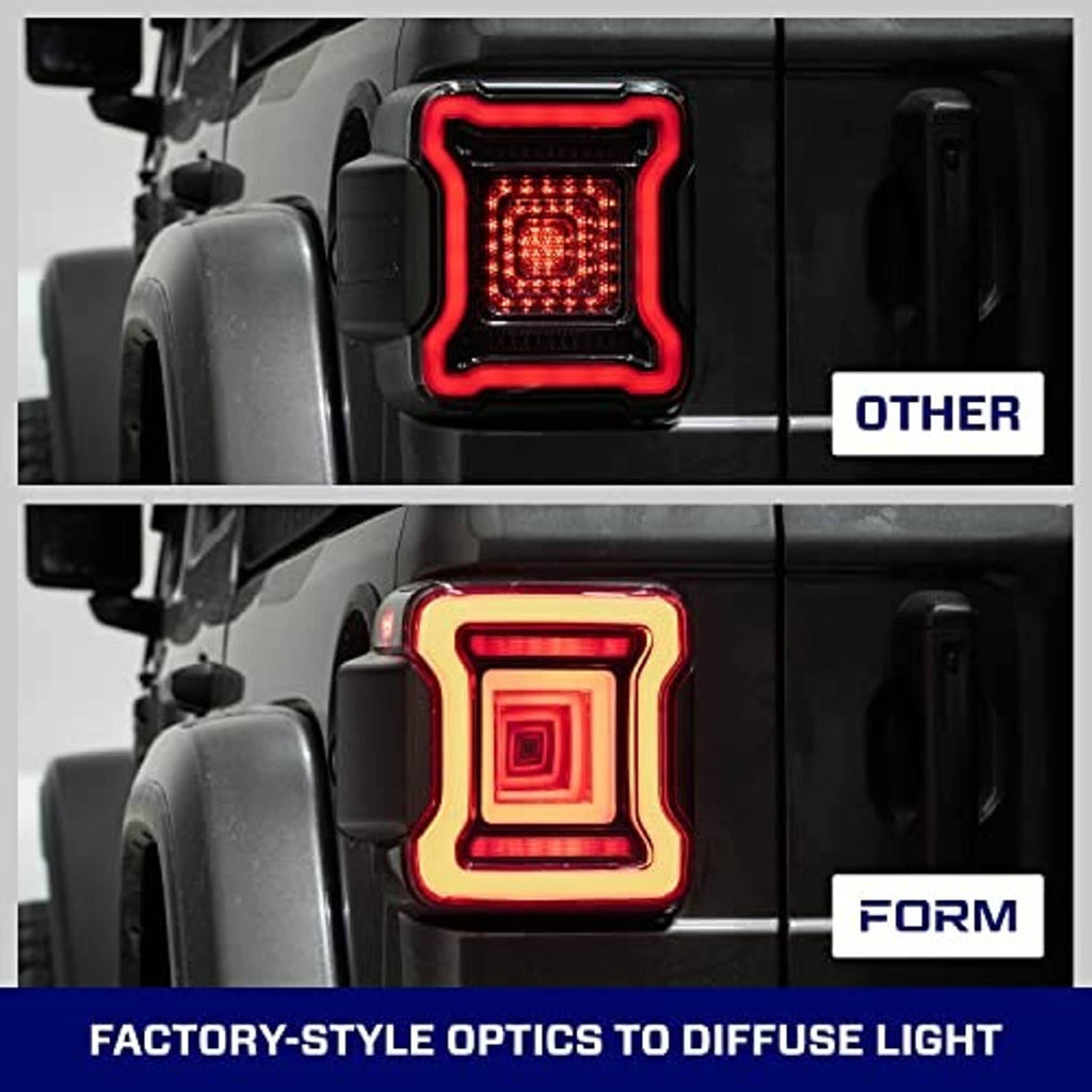 Smoked LED tail light with red illuminated square lens and glowing border outline