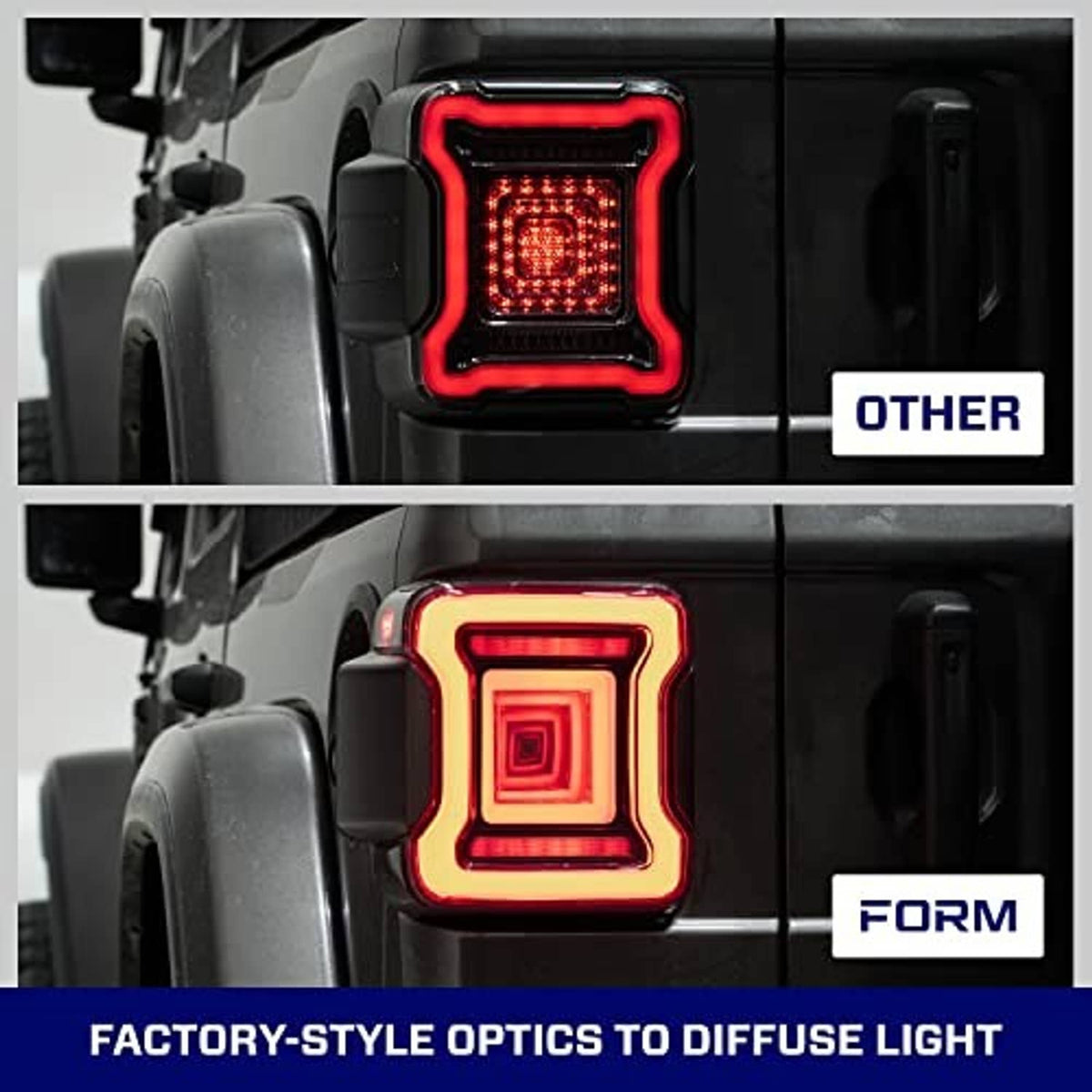 Smoked LED tail light with red illuminated square lens and glowing border outline