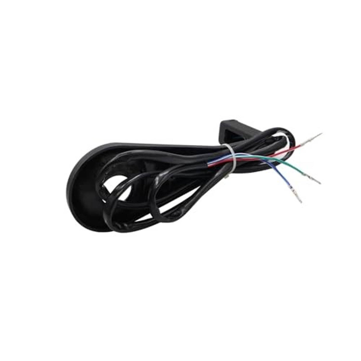 Black wire harness with connector housing and loose lead wires for installation