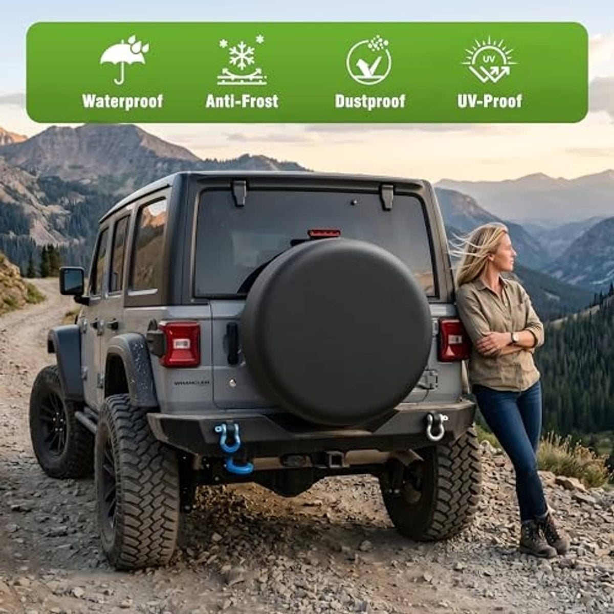 Waterproof spare tire cover on a vehicle spare wheel with anti-frost and UV-proof icons