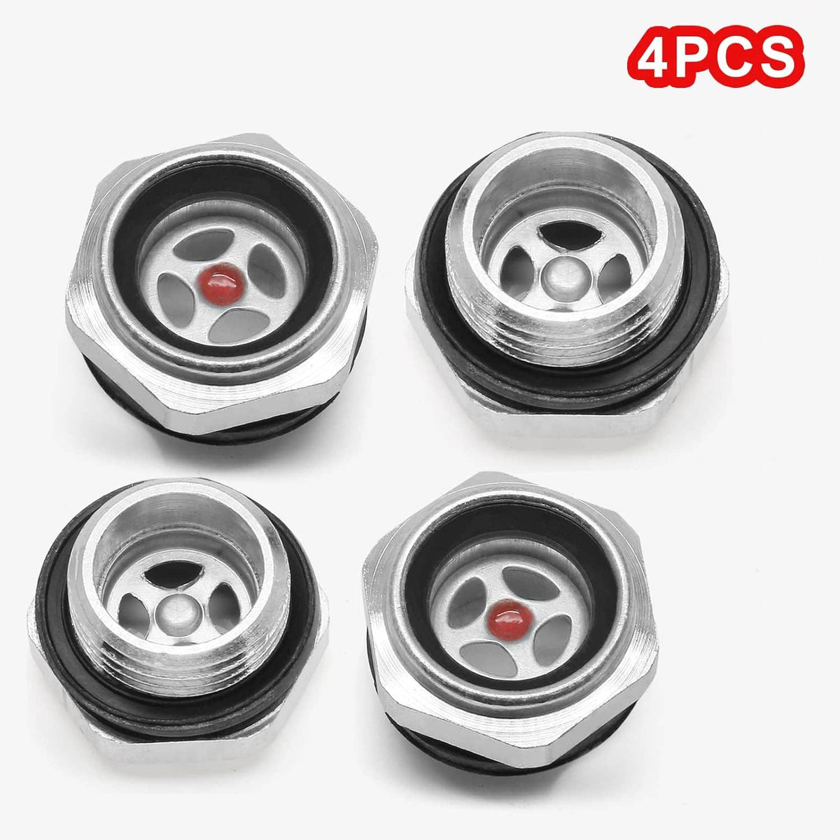 4-pack air compressor oil sight glass gauges, metal hex body, black rubber seal, red window