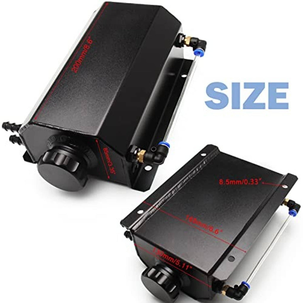 Black 2L coolant overflow tank, side view with multiple brass fittings and mounts