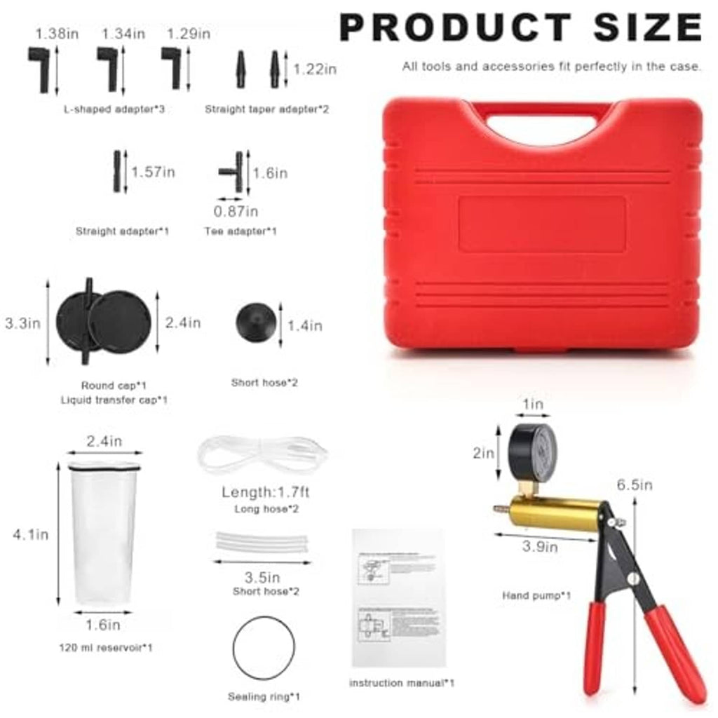 Vacuum pump kit case and accessories sizing diagram with gauge and hoses