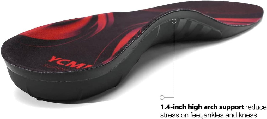 Arch support orthotic insole, black base with red swirl pattern on top surface