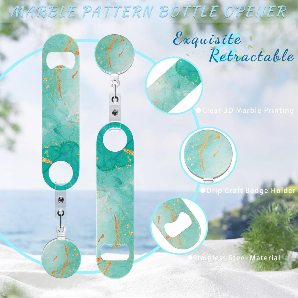 Teal marble-pattern retractable bottle opener with round badge holder