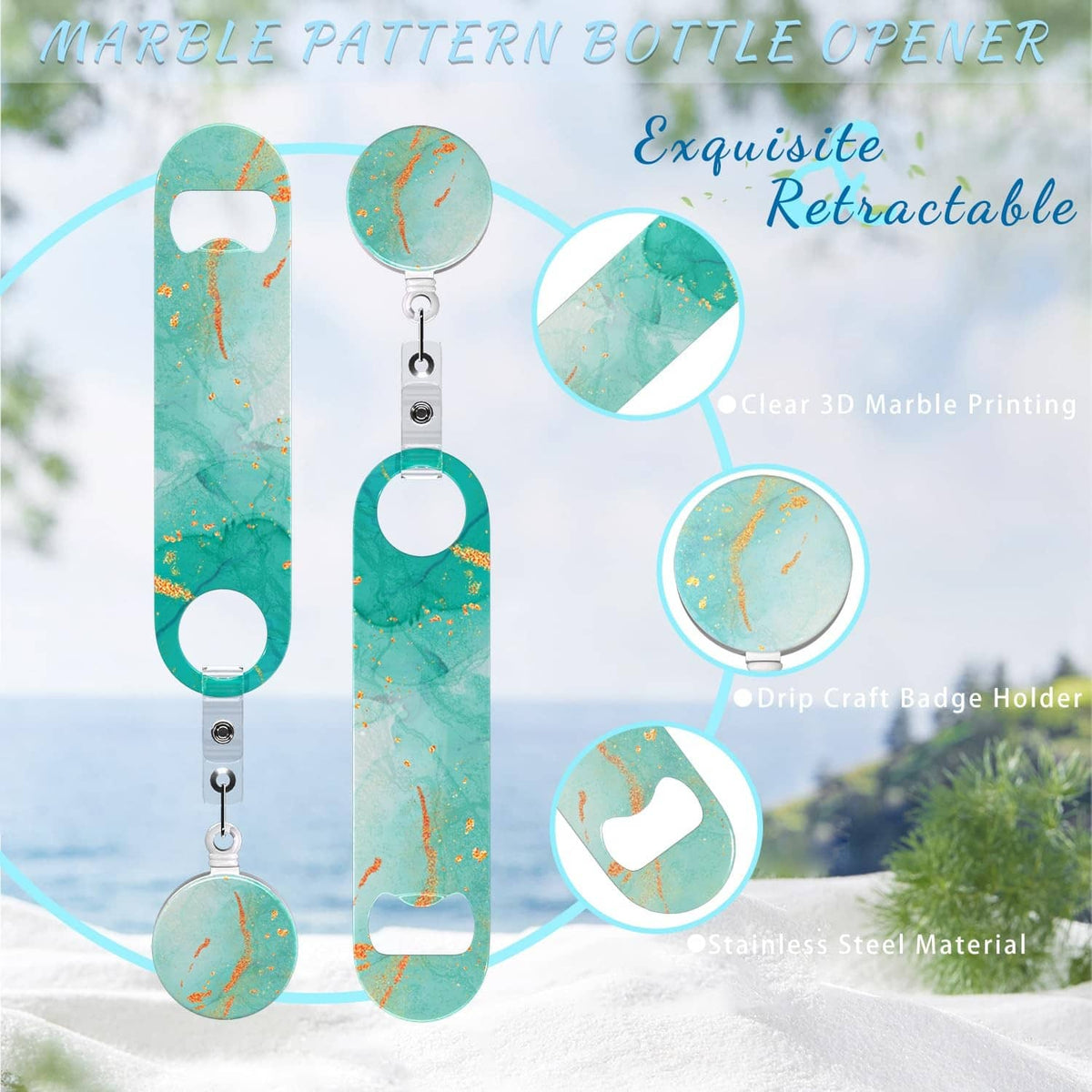 Teal marble-pattern retractable bottle opener with round badge holder