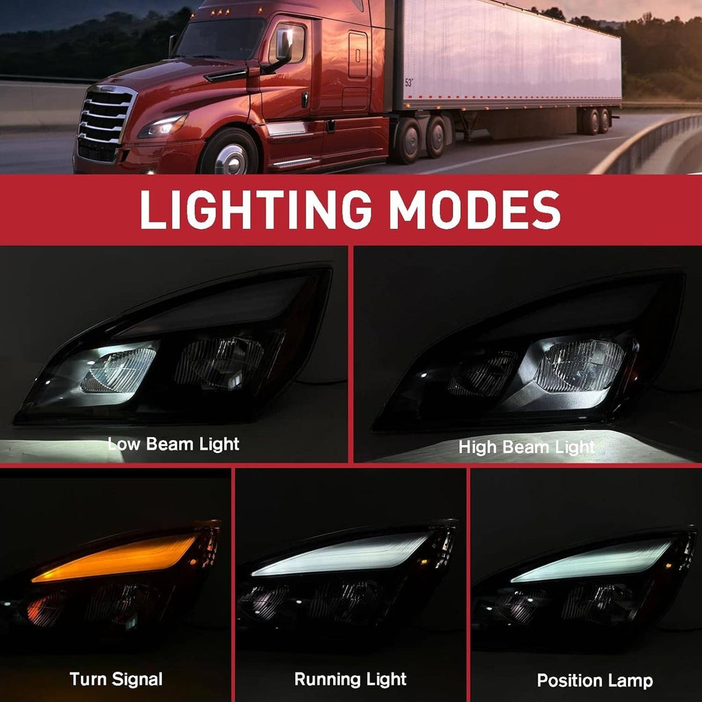 LED headlight lighting modes collage: low beam, high beam, turn signal, running light