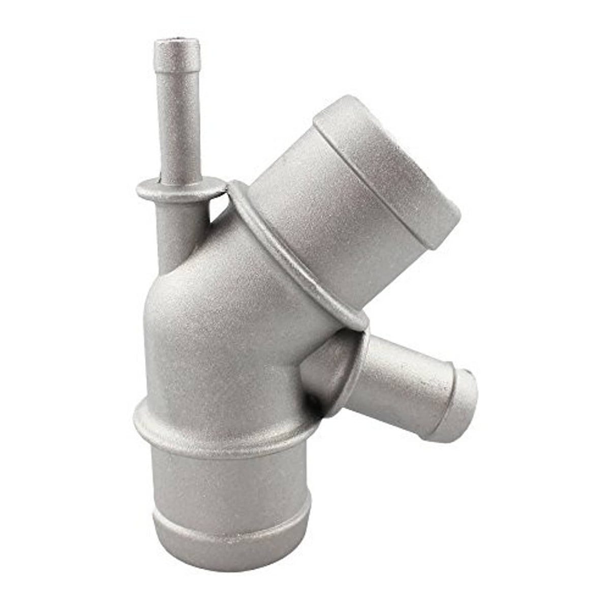 Light gray aluminum coolant pipe connector with vertical inlet and right-side outlet.
