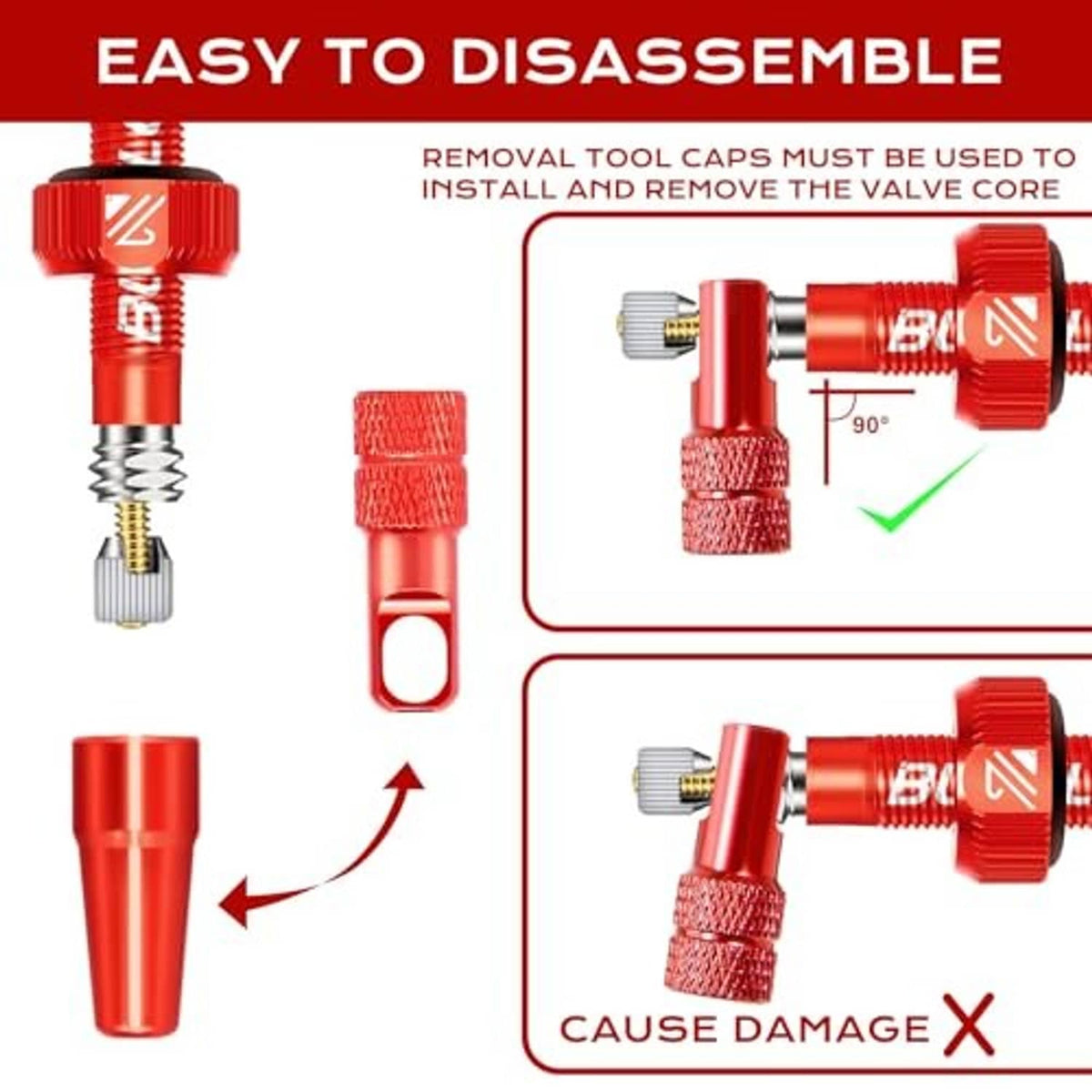 Red Presta valve stem with caps and removable core parts