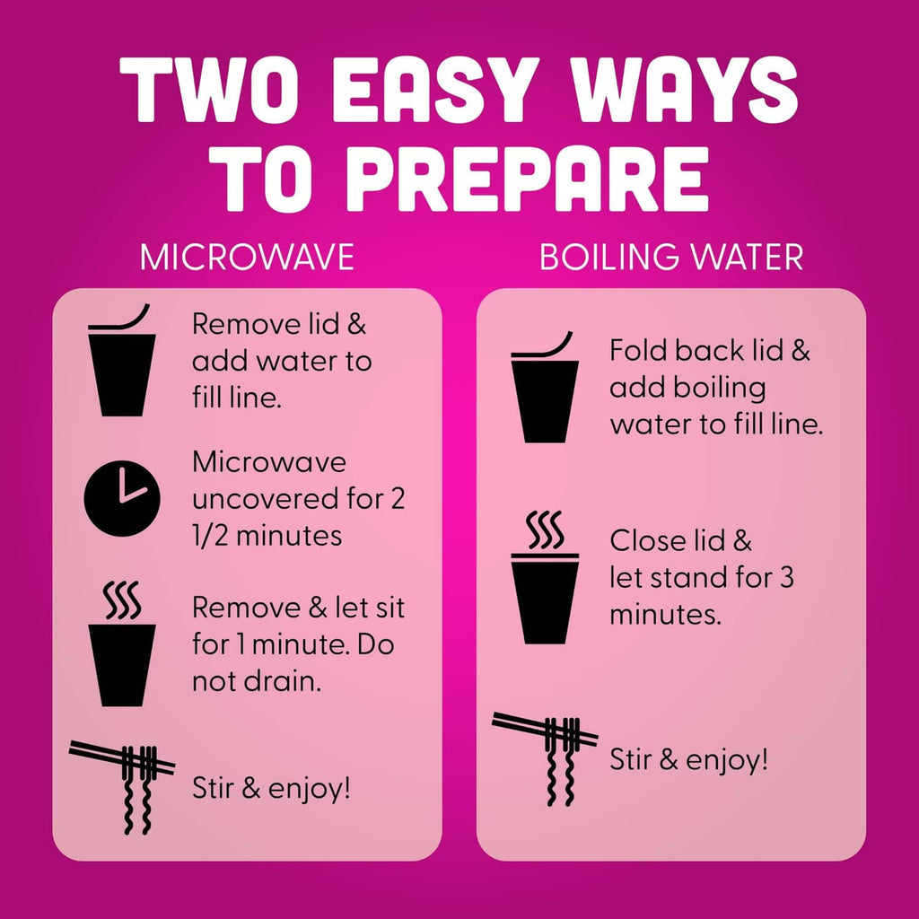 Ramen cup showing preparation steps for microwave or boiling water