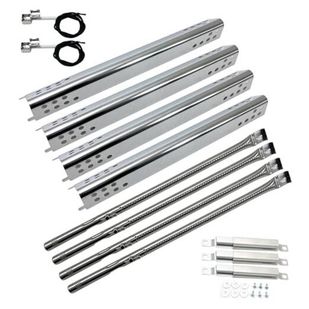 Stainless steel grill burner replacement kit with multiple burner tubes, igniter wires, brackets