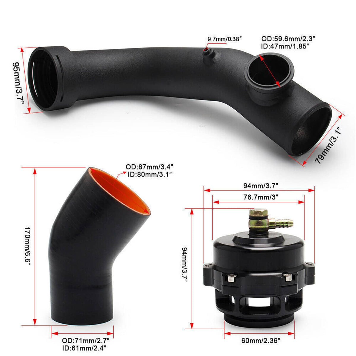 Black silicone intake pipe with orange inside end, BOV actuator, and fitment dimensions