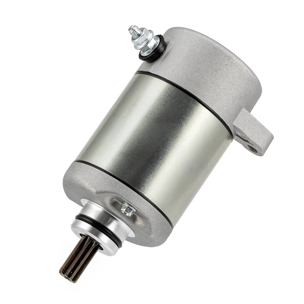 Silver starter motor with top electrical stud and side bracket, pinion gear