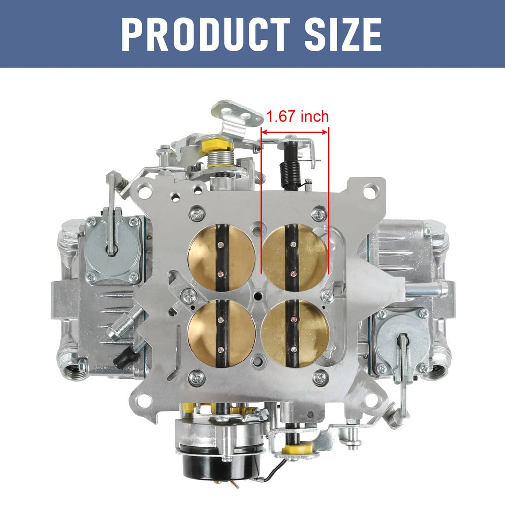Top view of 4-barrel carburetor showing four gold throttle bores
