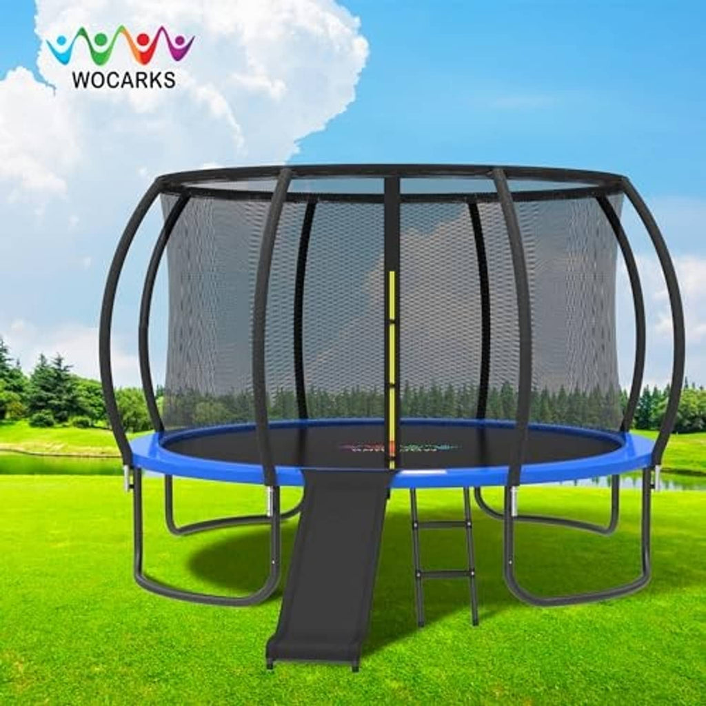 Blue edge trampoline replacement pad around a dark gray mat surface for outdoor use