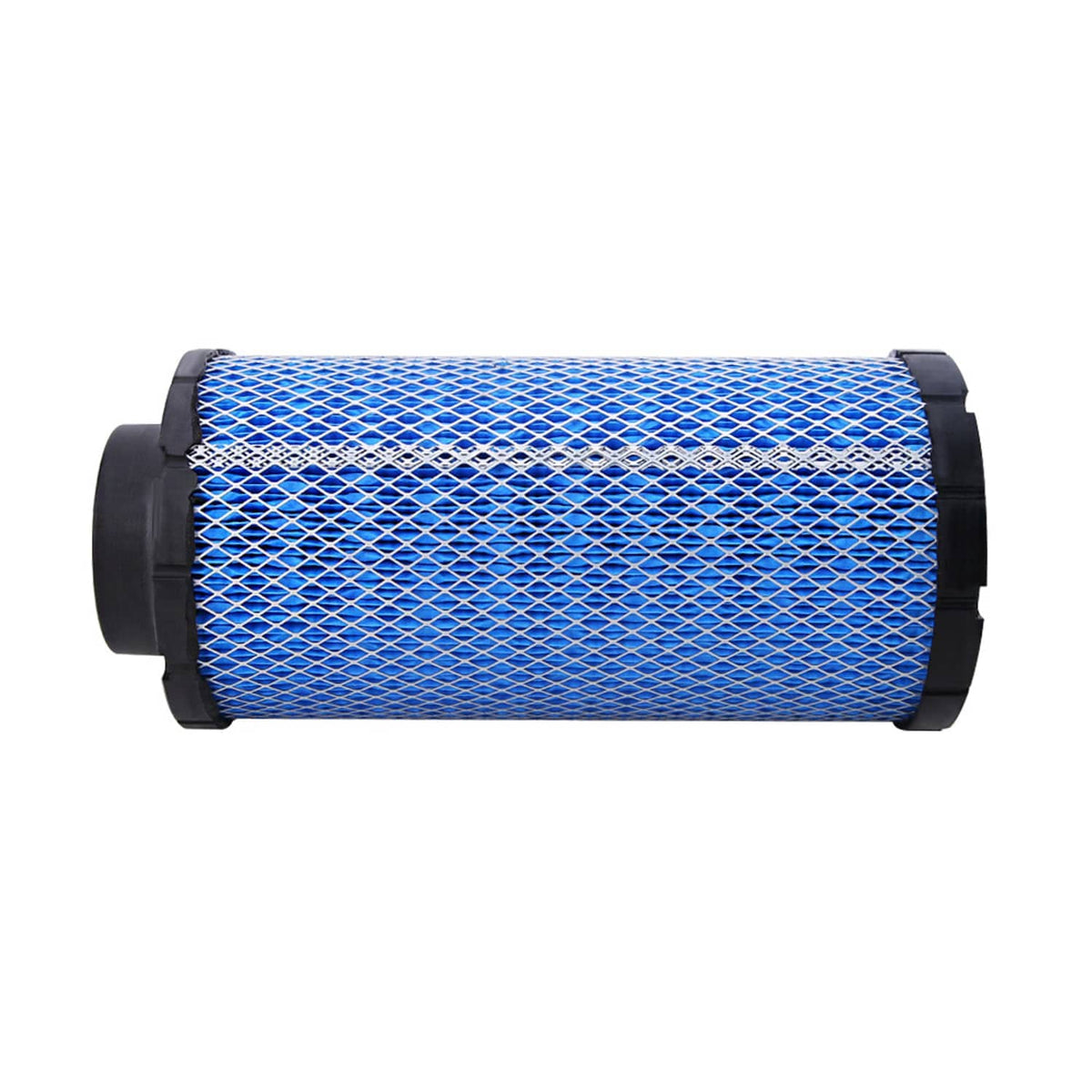 Air filter cartridge side view, blue mesh filter with black end rings