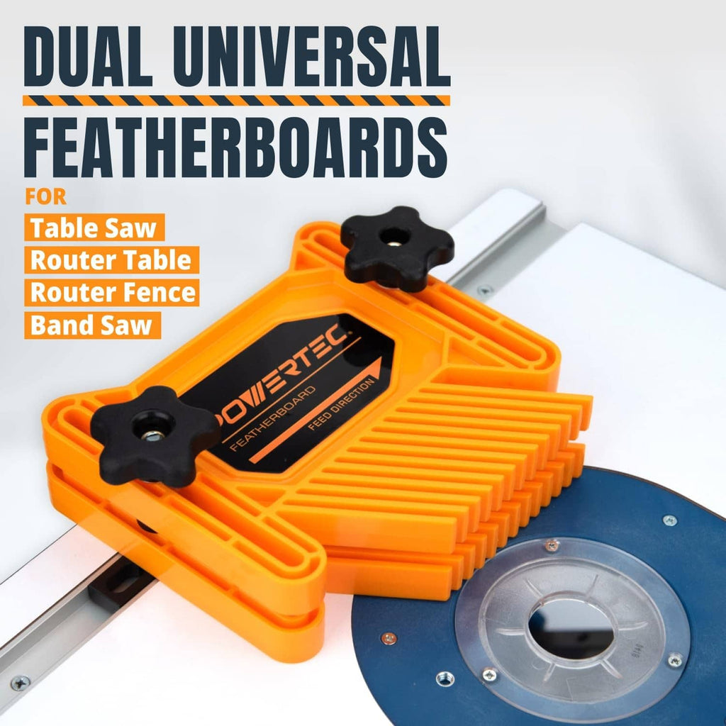 Orange dual universal featherboards with two black star knobs