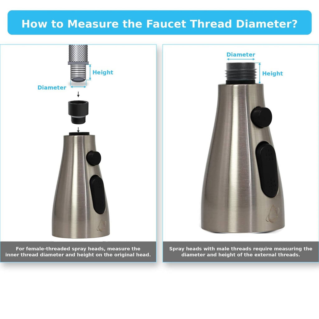 Brushed nickel faucet head with diagram showing thread diameter and height measurement