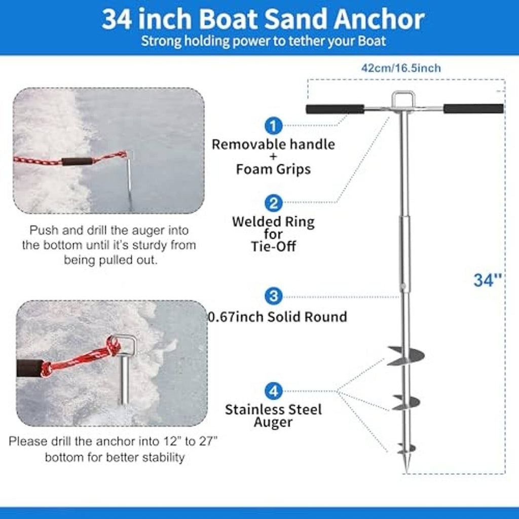 34-inch boat sand anchor with removable handle, welded ring, and stainless auger