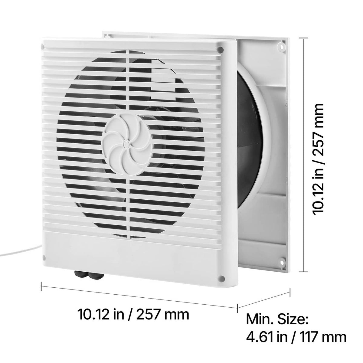 White wall-mounted ventilation fan close-up with black grille and circular rotor
