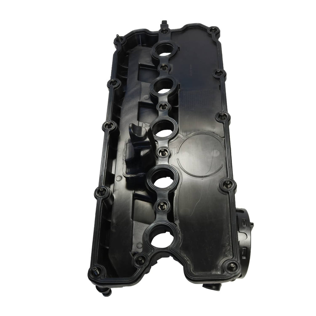 Valve cover underside with gasket grooves and circular openings, black plastic
