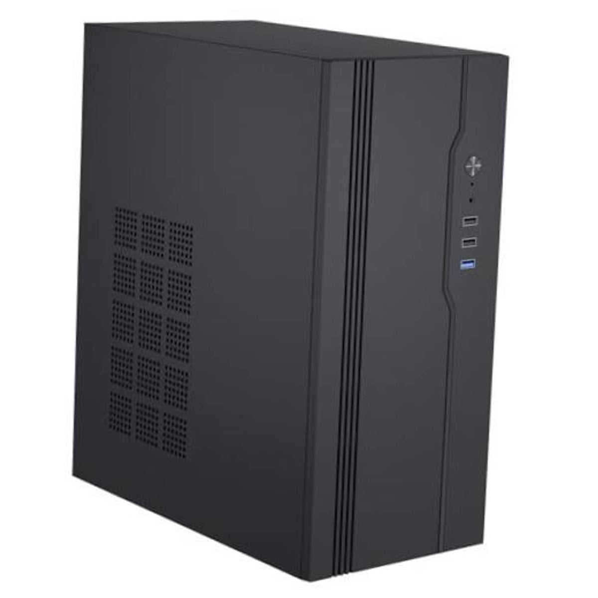 Matte black PC case with front ventilation mesh and right-side I/O port panel